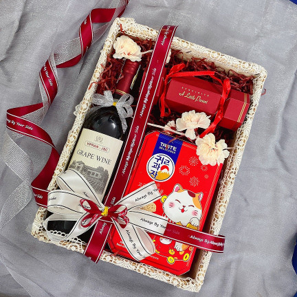 [R01] Khay Gỗ Giỏ Quà Tết Có Rượu 3 món