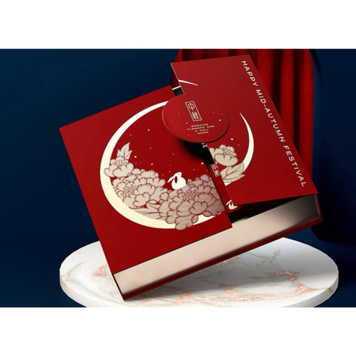 Hộp quà 4 ngăn cao cấp - Hộp đựng bánh trung thu trăng khuyết cốt cứng, nắp nam châm tròn sang trọng tinh tế