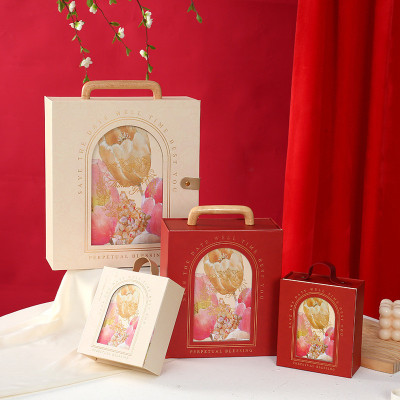 [26x29x9.5cm] Hộp đựng quà Tulip quai gỗ xinh xắn màu be